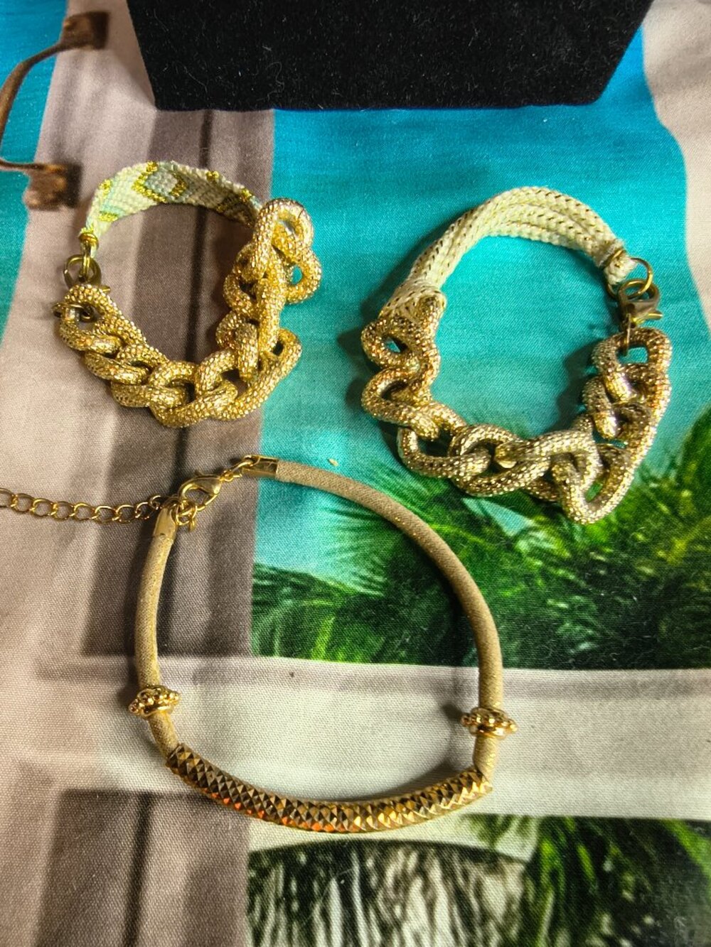 Set of 3 Gold Tone and Cloth Bracelets